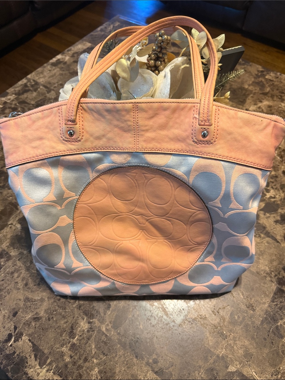 Coach Canvas Tote in Peach and Light Blue